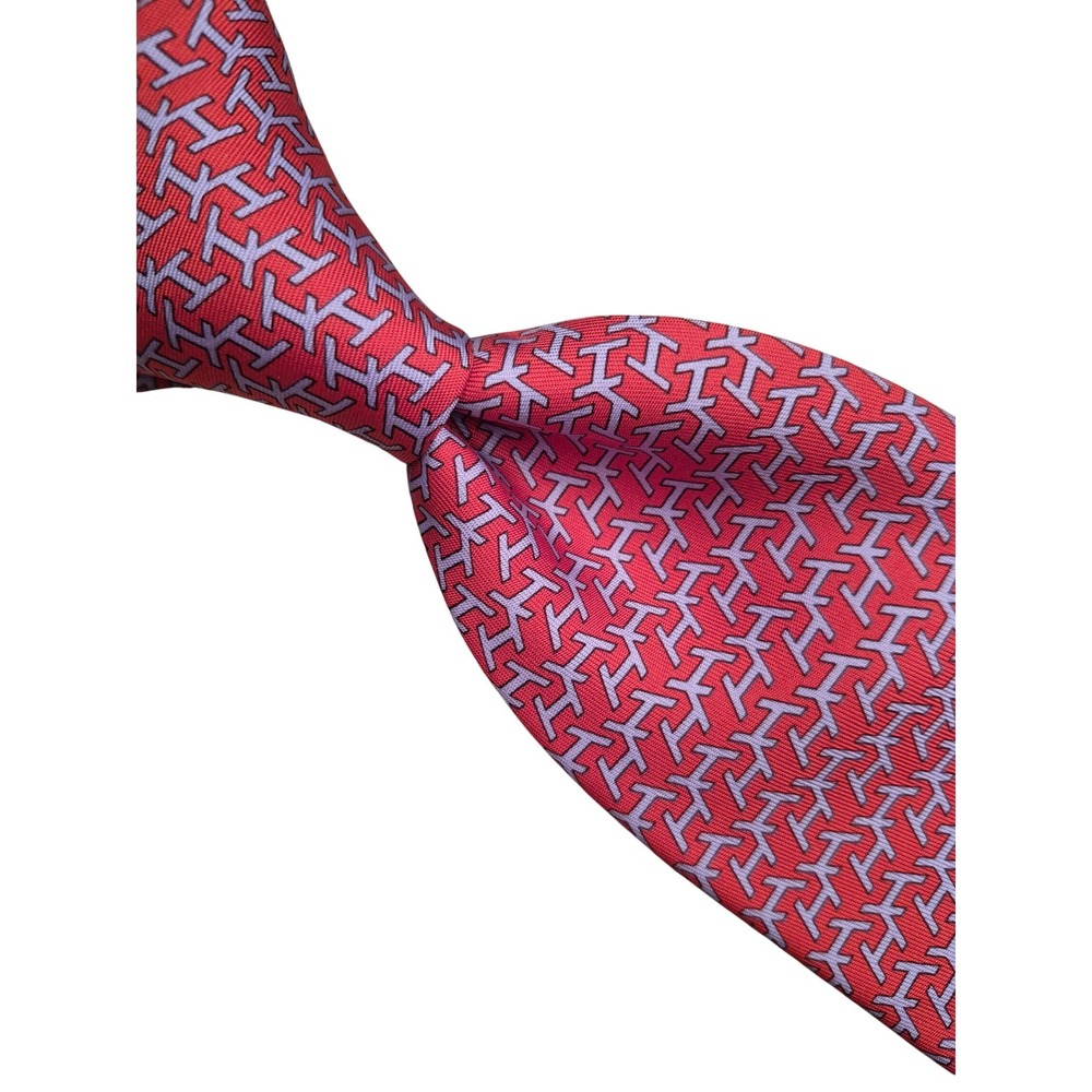 Hermes Paris Mens Silk Tie Red Purple Interlocking H Logo Pattern 5141 HA France - Picture 1 of 8